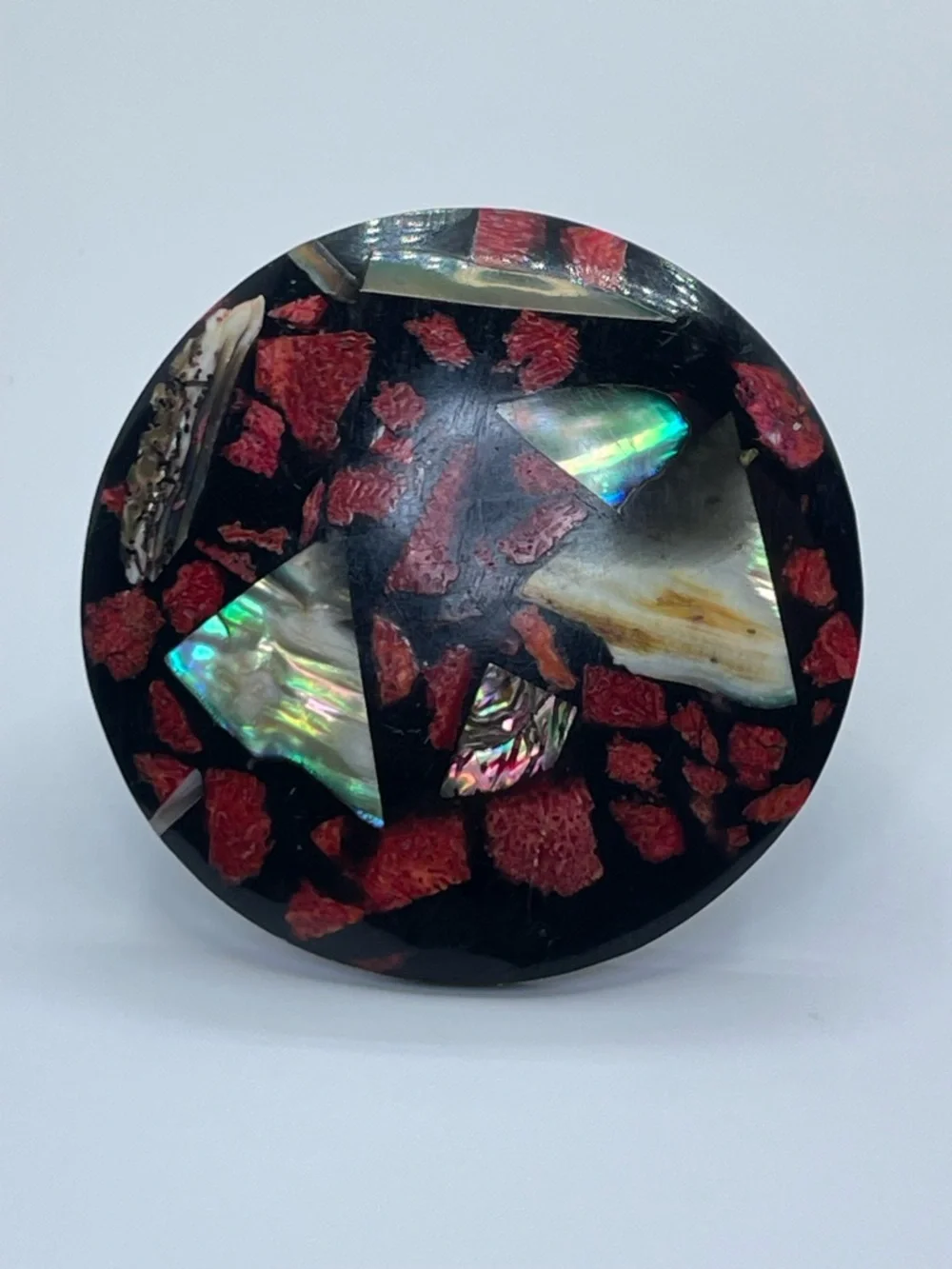 Vintage Wood Abalone Shell Red Coral Inlay Statement Ring Sz 7